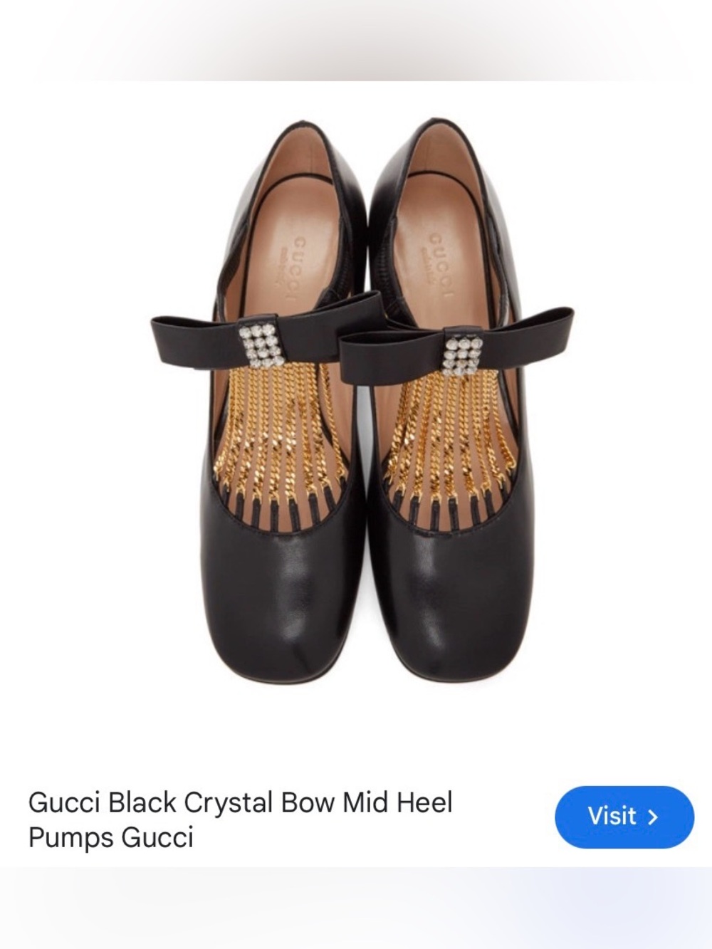 Gucci Black Leather Mary Jane Flats with Gold Chain Fringe and Bow